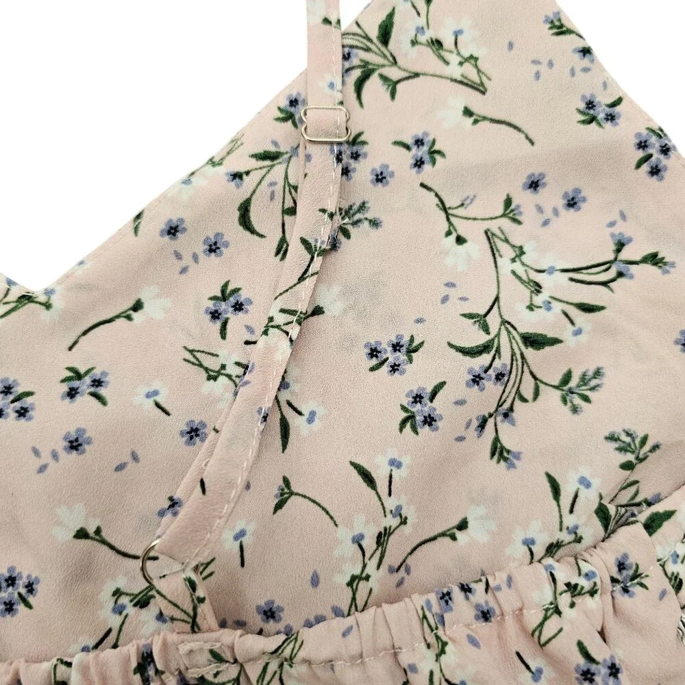 Romwe Balletcore Pink Ditsy Floral V-Neck Above Knee Dress Sz 4/Small